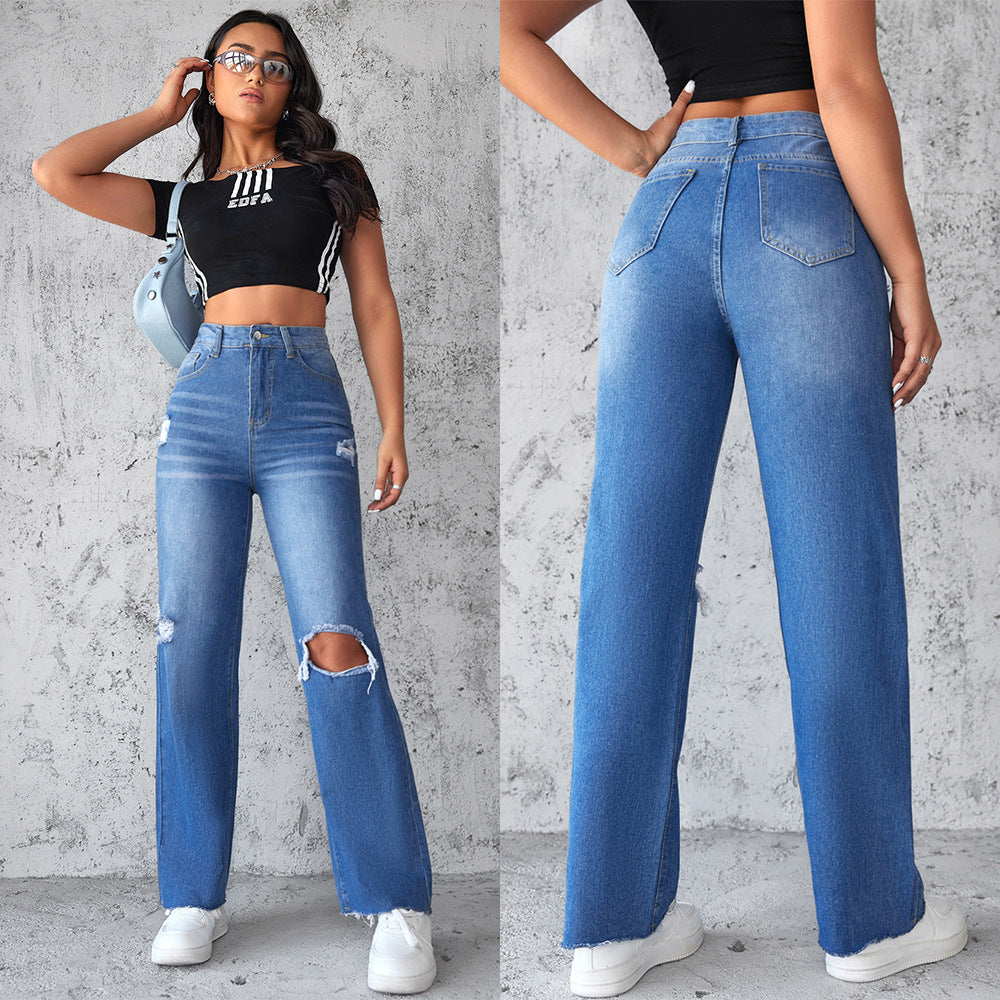 Damen Weit geschnittene Ripped Jeans mit hohem Bund R&B