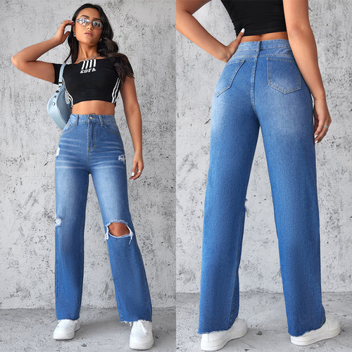 Damen Weit geschnittene Ripped Jeans mit hohem Bund R&B