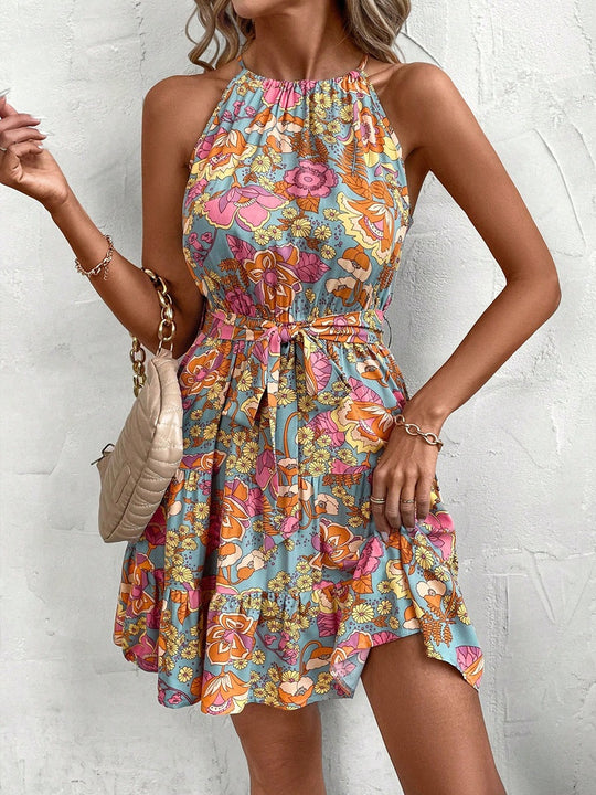 Damen Freizeitkleid mit floralen Druckdetails und Taillengürtel R&B