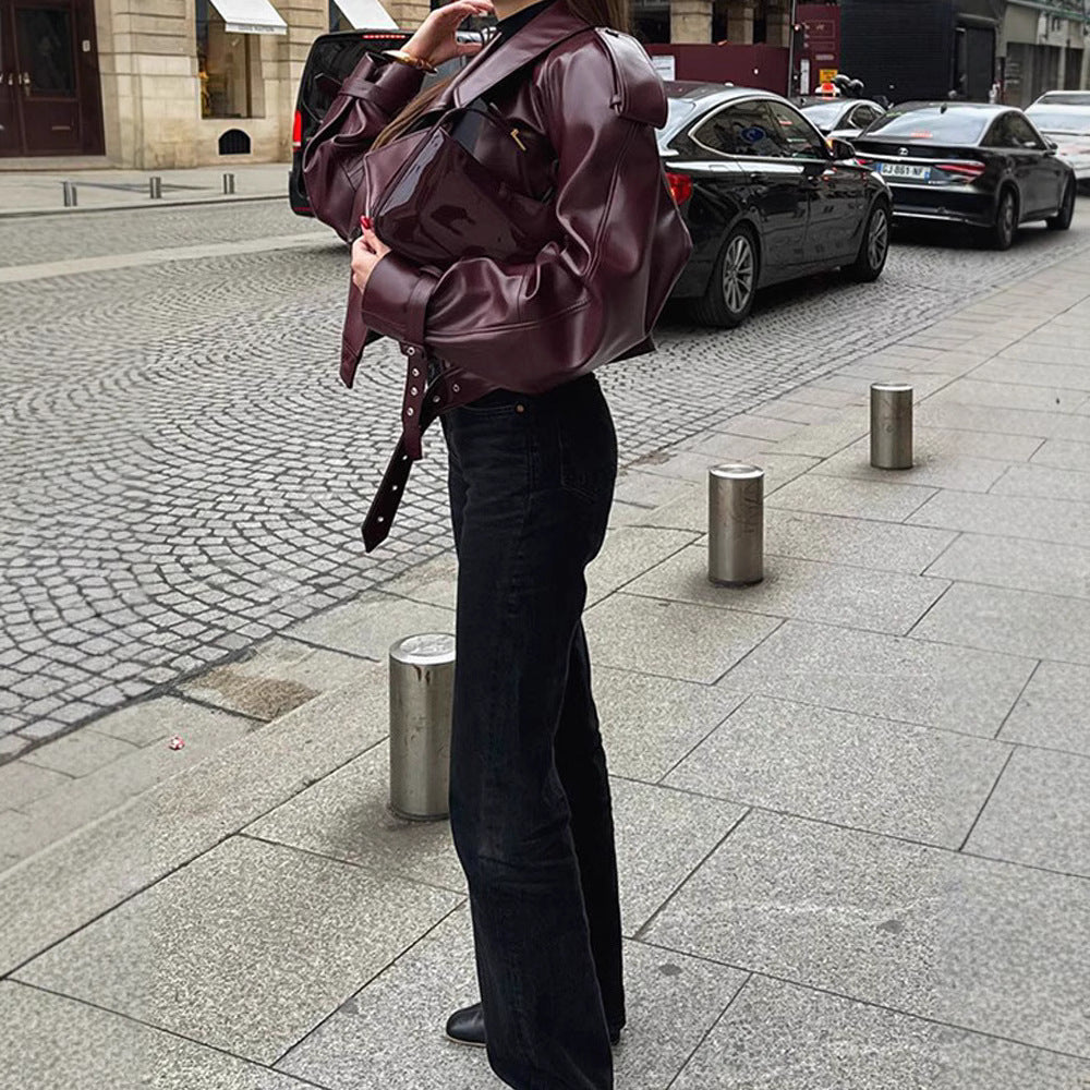 Damen Oversize Kunstlederjacke mit markantem Kragen und strukturiertem Design R&B
