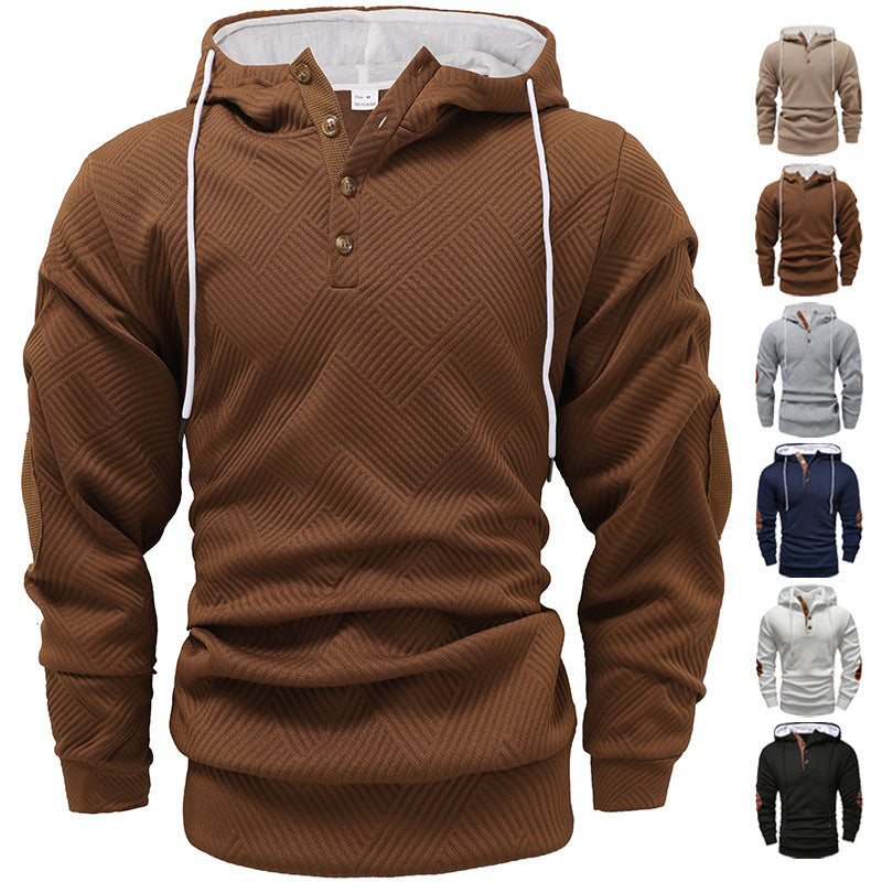 Herren nan strukturierter Kapuzenpullover im Henley-Stil mit Kontrastbesatz und Ellenbogenaufnähern R&B