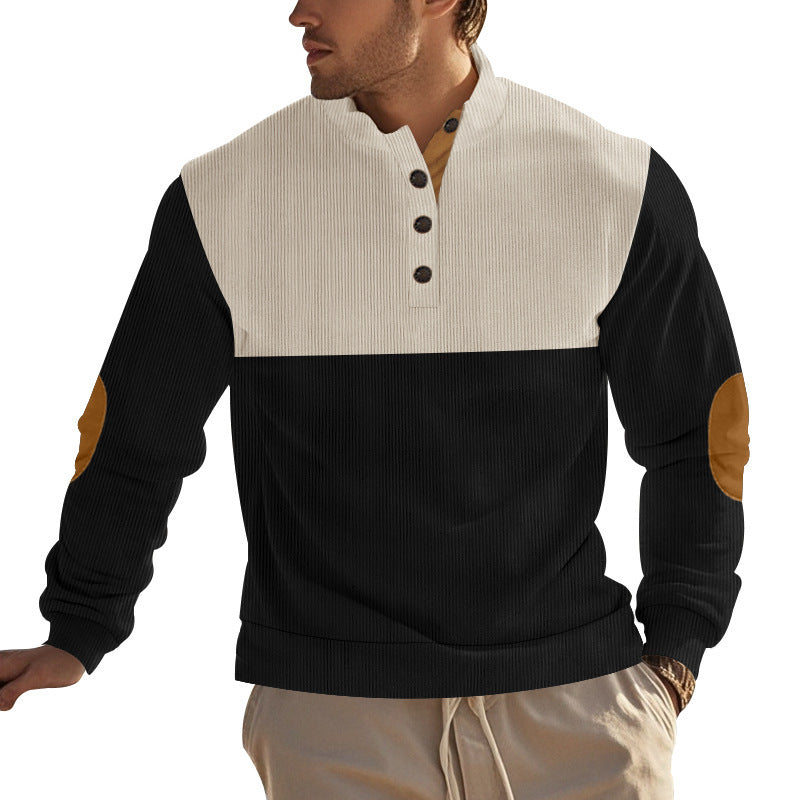 Herren nan Rippenstrickpullover mit Stehkragen Knopfleiste und Leder-Ellbogenpatches R&B