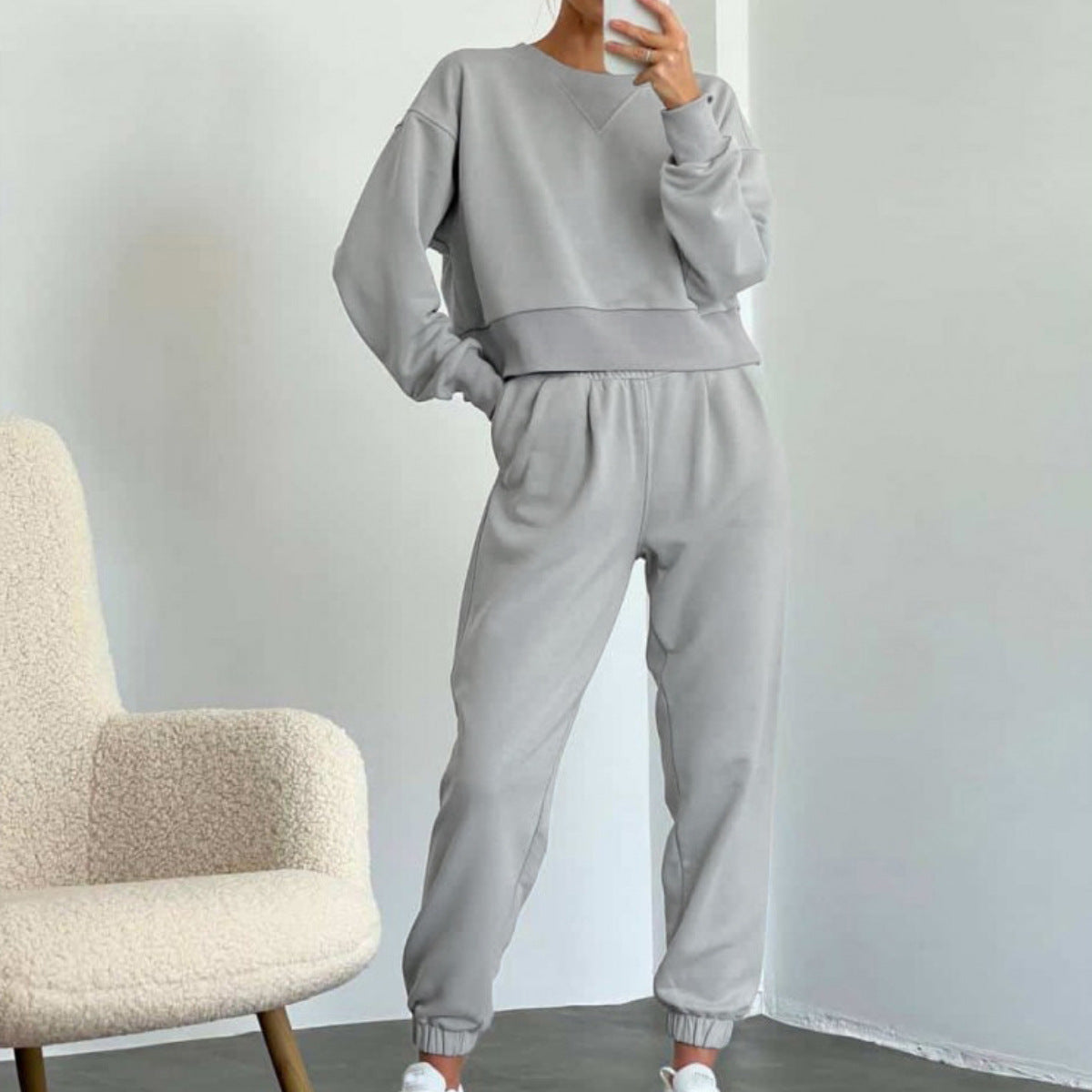Damen nan Cropped-Sweater-Set mit V-Nahtdetail und hoher Taille Jogginghose R&B