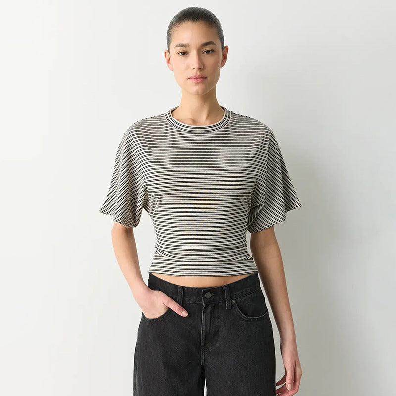 Damen modernes Kurzarm-Top mit lässigem Streifenmuster und elegantem Schnitt R&B
