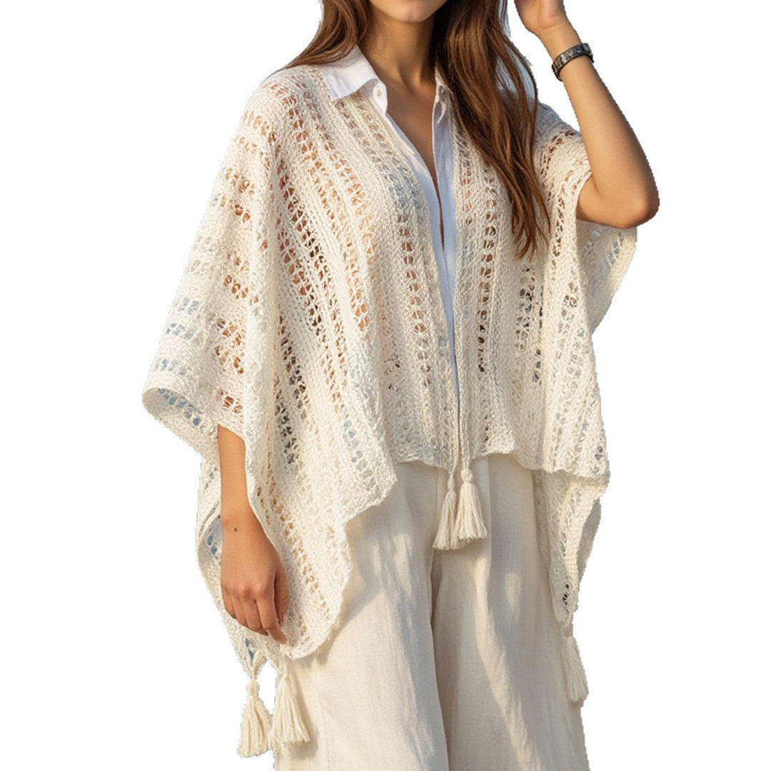 Damen luftiger Strickponcho mit Fransen R&B