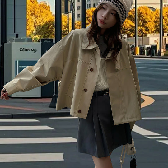 Damen modische Kurzjacke mit innovativem Kragen und dekorativen Knöpfen R&B