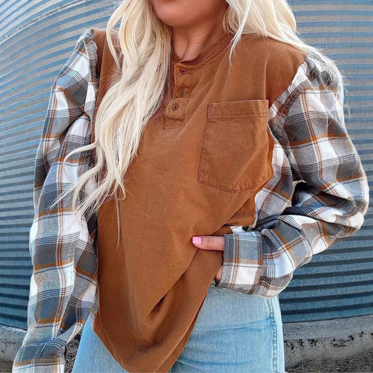Damen nan weiter Henleypullover im Lagenlook mit karierten Ärmeln und Brusttasche R&B