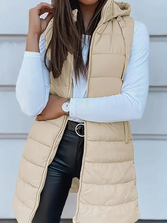 Damen Stylische gesteppte Weste mit Kapuze und langen Schnitt R&B