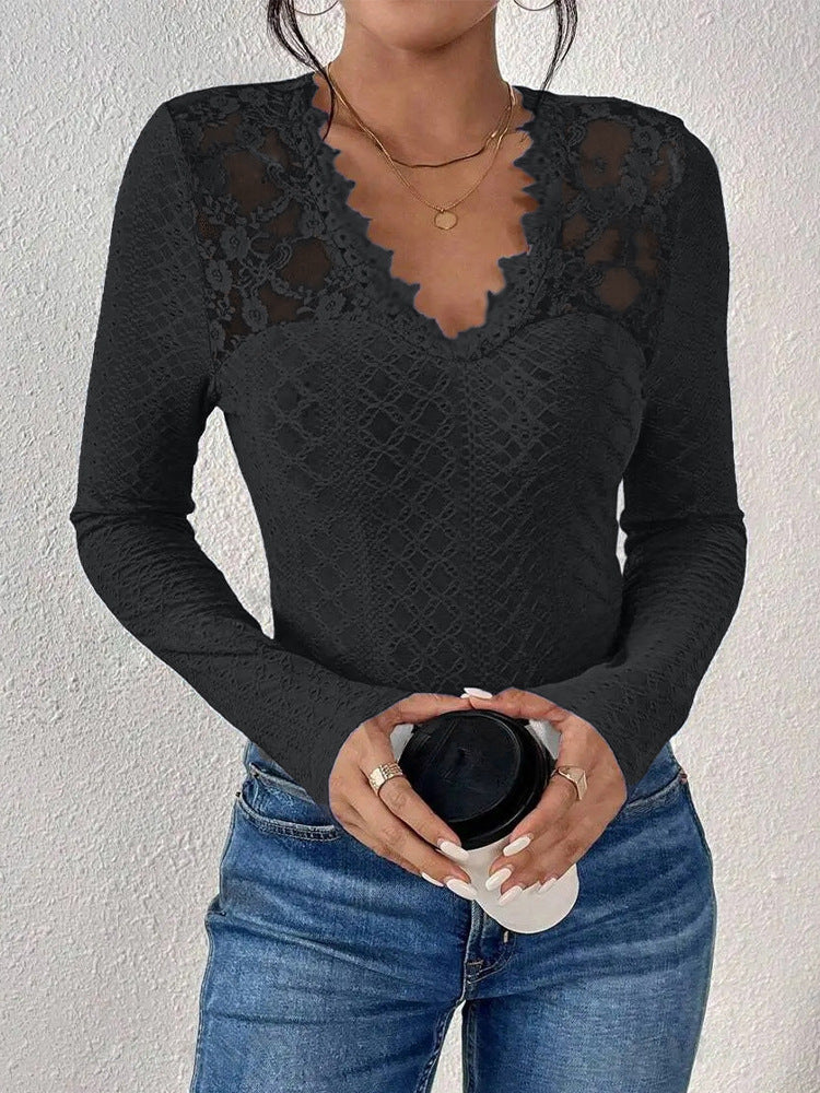 Damen Bluse mit transparenten Spitzenakzenten und elegantem V-Ausschnitt Heidi-Mode