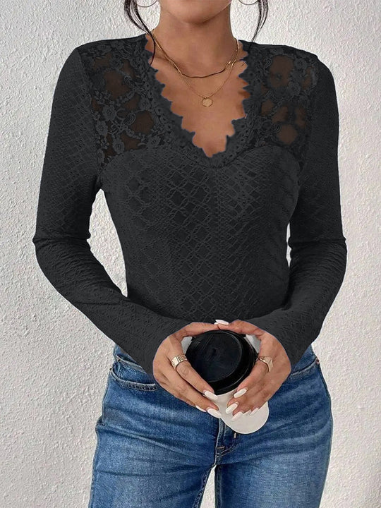 Damen Bluse mit transparenten Spitzenakzenten und elegantem V-Ausschnitt Heidi-Mode