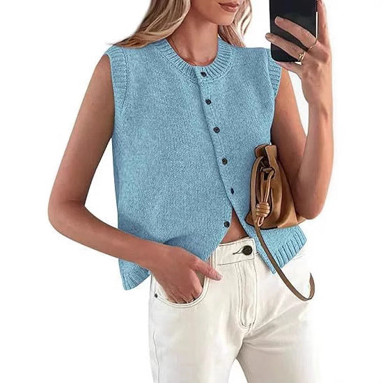 Damen lässige Strickweste mit Knopfleiste und Rundhalsausschnitt R&B