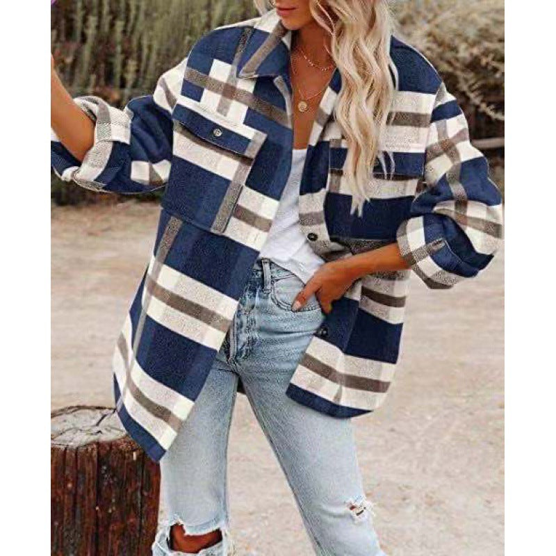 Damen Karobluse mit oversized Schnitt und Taschen R&B
