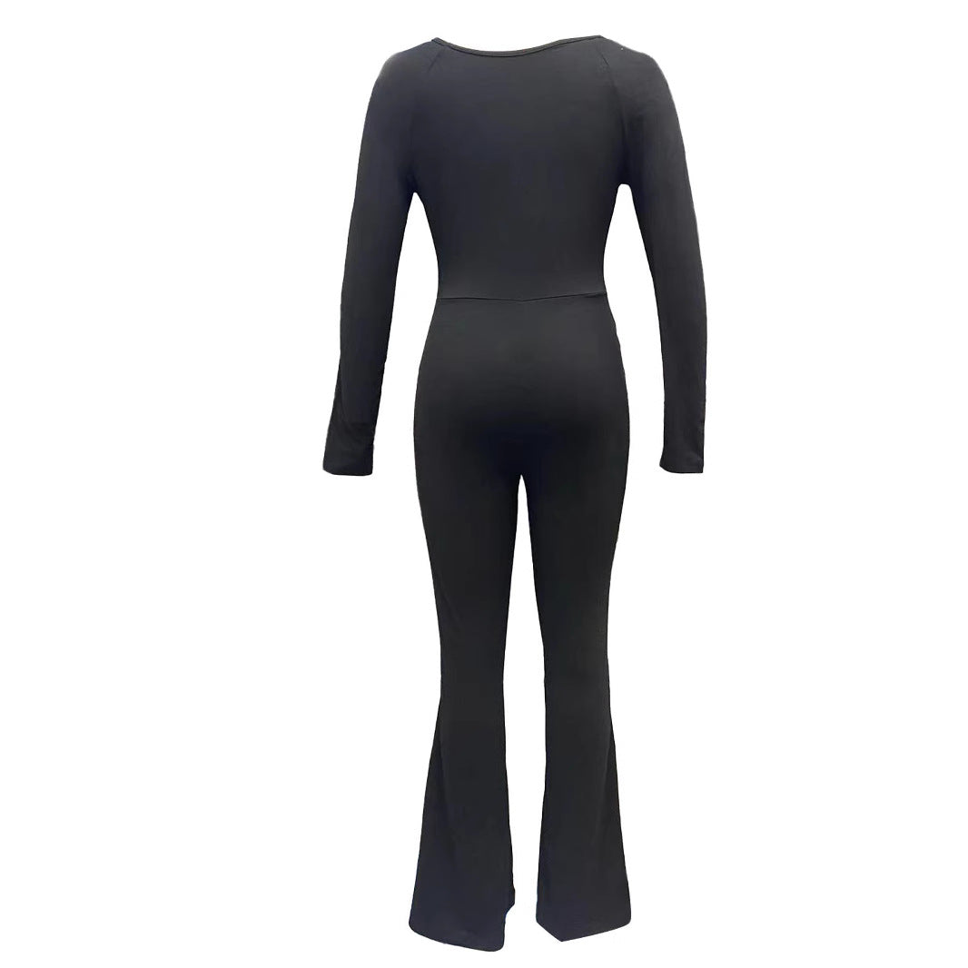 Damen Eleganter Jumpsuit mit weitem Bein und langen Ärmeln R&B