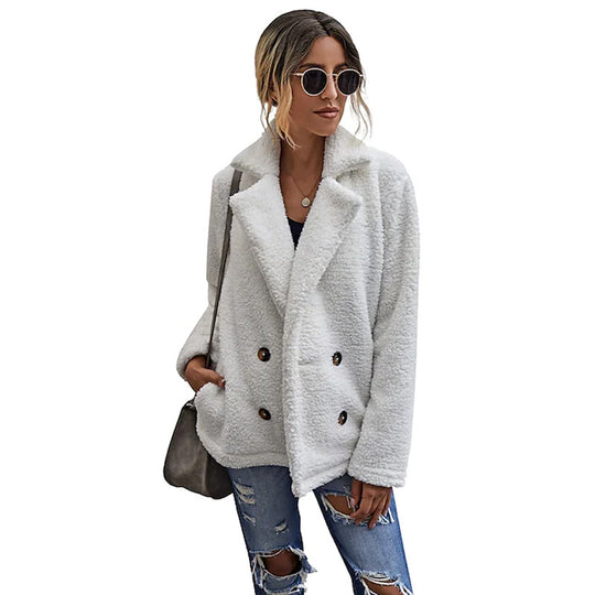 Damen Flauschiger Doppelreiher Blazer aus Kunstfell R&B
