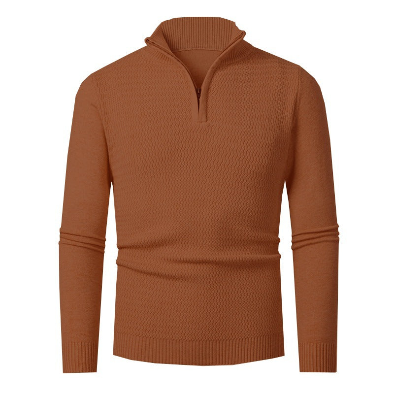 Herren nan Feinstrick-Halbzip-Pullover mit strukturierter Wellenoptik und Stehkragen R&B