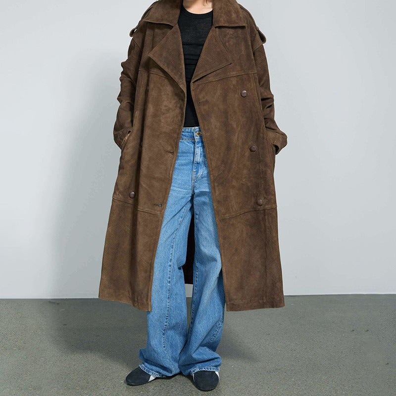Damen Eleganter Suede-Trenchcoat mit großzügigem Schnitt R&B