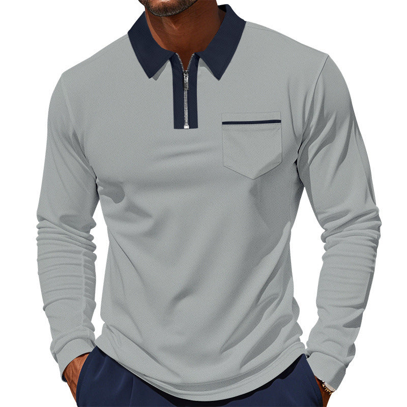 Herren nan langärmeliges Polo mit halbem Reißverschluss, aufgesetzter Brusttasche und feiner Strukturjersey-Qualität R&B