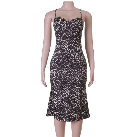 Damen figurbetontes Minikleid mit Leopardenmuster und elegantem Herz-Ausschnitt R&B