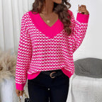 Damen Strickpullover mit V-Ausschnitt und modernem Karomuster R&B