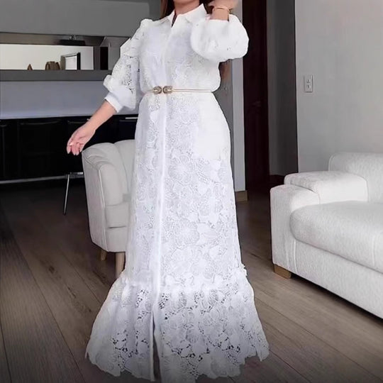 Damen Langärmliges Spitzenkleid mit voluminösen Puffärmeln und eleganter Knopfleiste Heidi-Mode