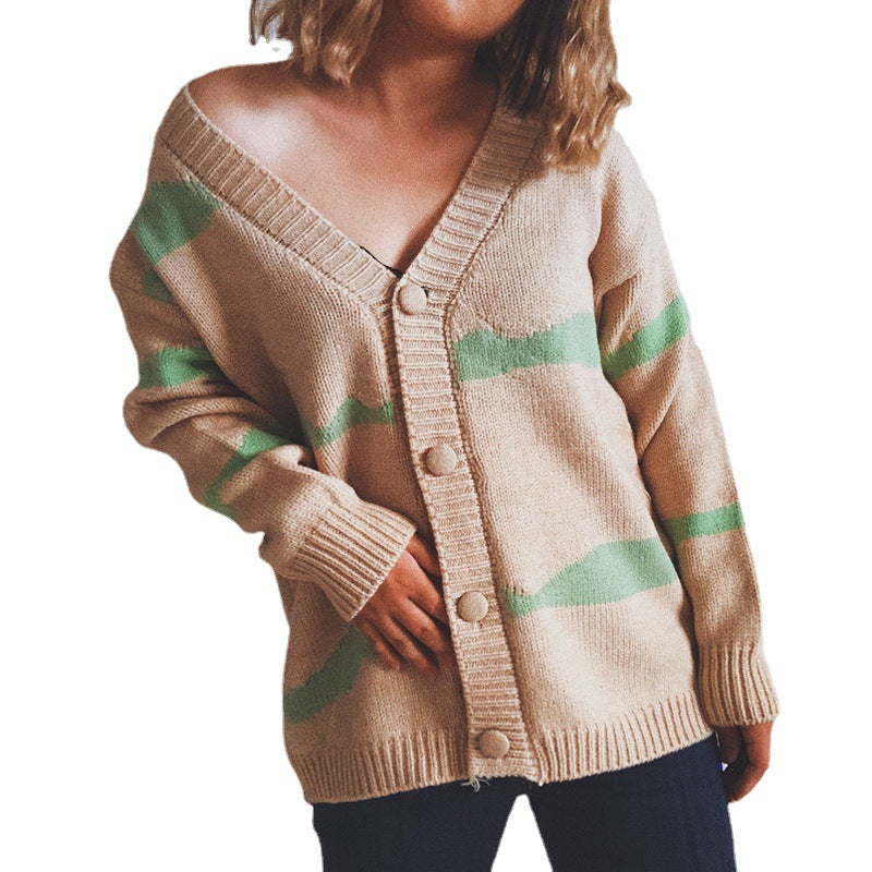 Damen gestreifte Strickjacke mit Knopfverschluss und weitem Schnitt R&B
