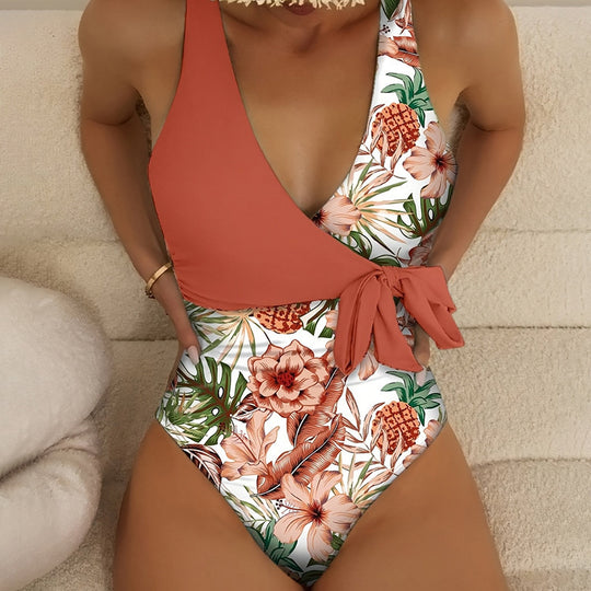 Damen Einseitiger Badeanzug mit floralem Wickeldesign R&B