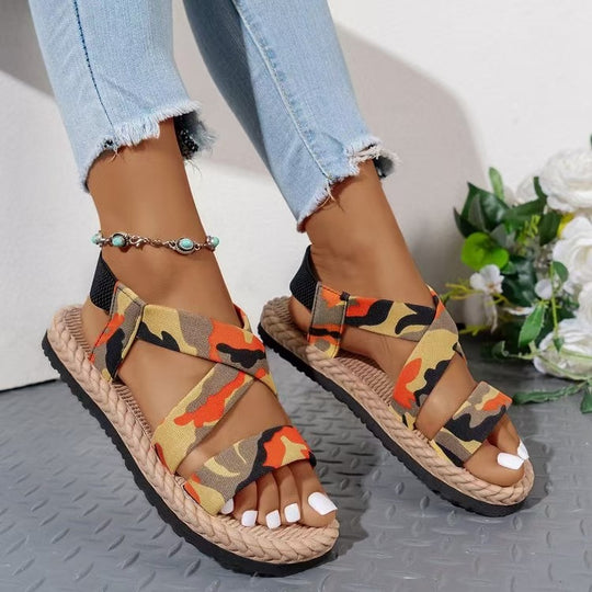 Damen nan flache Espadrille-Riemchensandalen mit geflochtenem Bastrand, elastischem Fersenband und gekreuzten Ethno-Riemen R&B