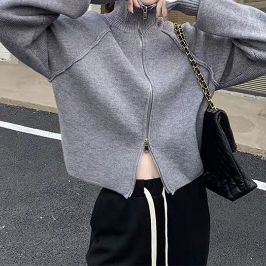 Damen Strickjacke mit hochwertigem Reißverschluss und Stehkragen R&B