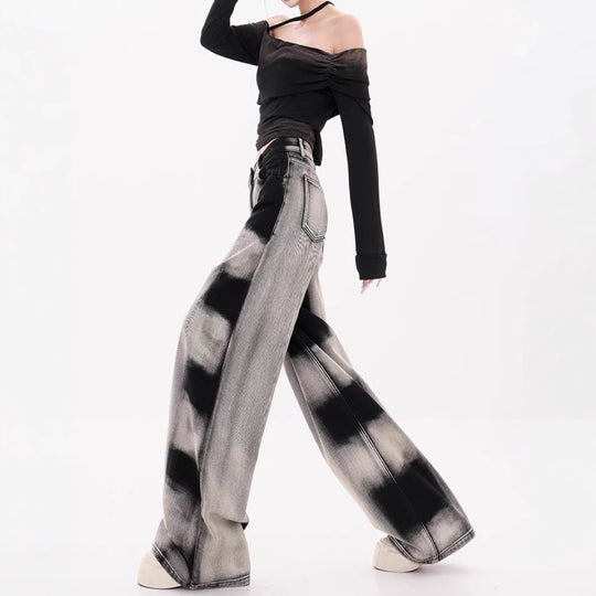Damen Weite Designer-Jeans mit kreativen Batikmustern R&B