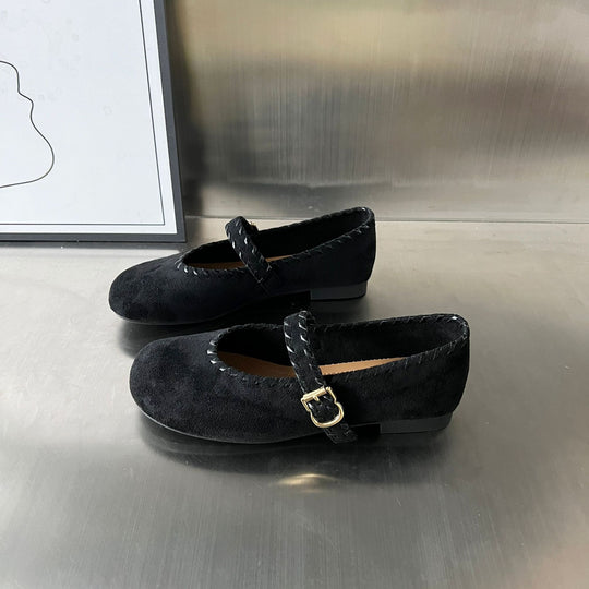 Damen elegante Ballerinas mit geflochtenem Riemen und hochwertiger Veloursoberfläche R&B