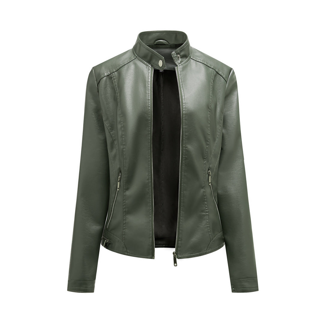 Damen modische Kunstlederjacke mit elegantem Stehkragen und praktischen Reißverschlusstaschen R&B