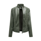 Damen modische Kunstlederjacke mit elegantem Stehkragen und praktischen Reißverschlusstaschen