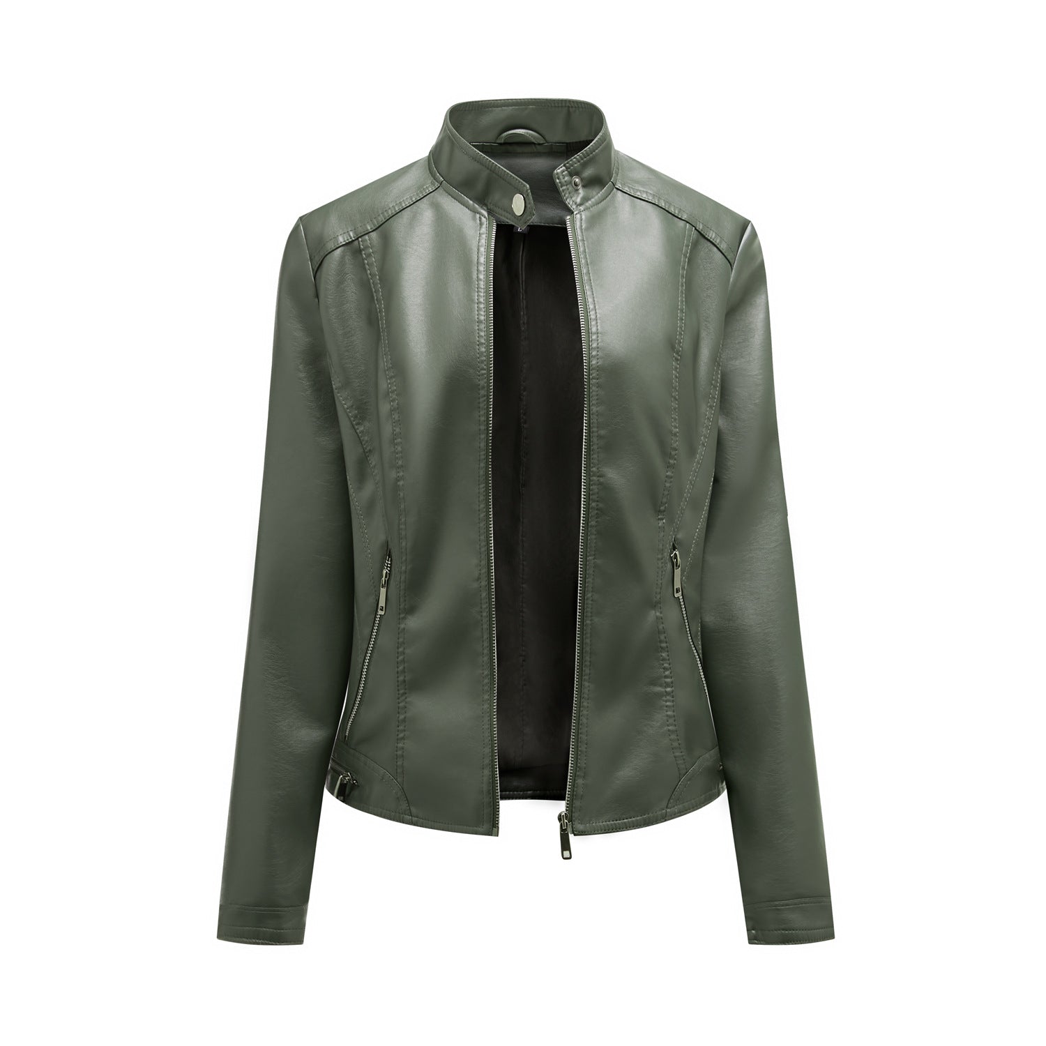 Damen modische Kunstlederjacke mit elegantem Stehkragen und praktischen Reißverschlusstaschen