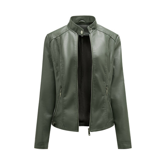 Damen modische Kunstlederjacke mit elegantem Stehkragen und praktischen Reißverschlusstaschen R&B