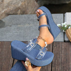 Damen Wedge-Sandalen mit transparenten Riemen und modischem Denim-Obermaterial R&B