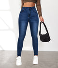 Damen High-Waist Skinny Jeans mit angedeuteten Taschen und elastischem Bund R&B