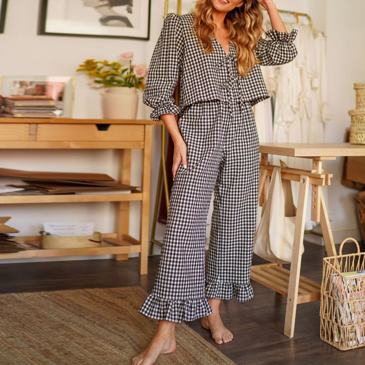 Damen Karierter Pyjamaanzug mit Rüschendetails R&B