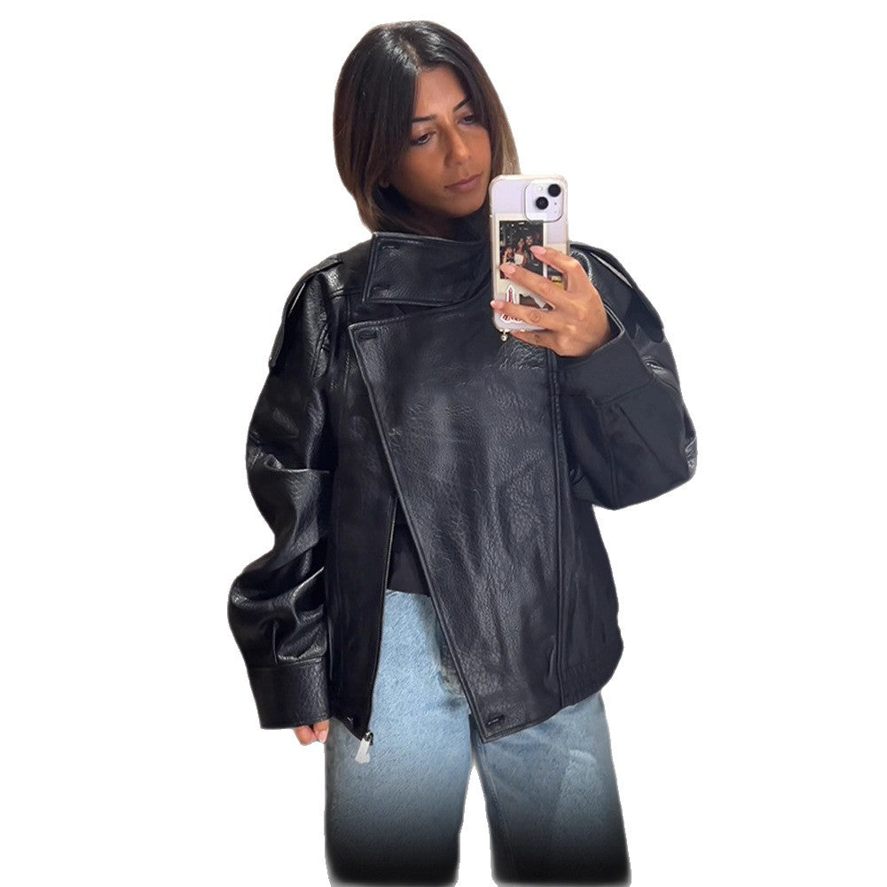 Damen lässige Kunstlederjacke im Oversized-Schnitt R&B