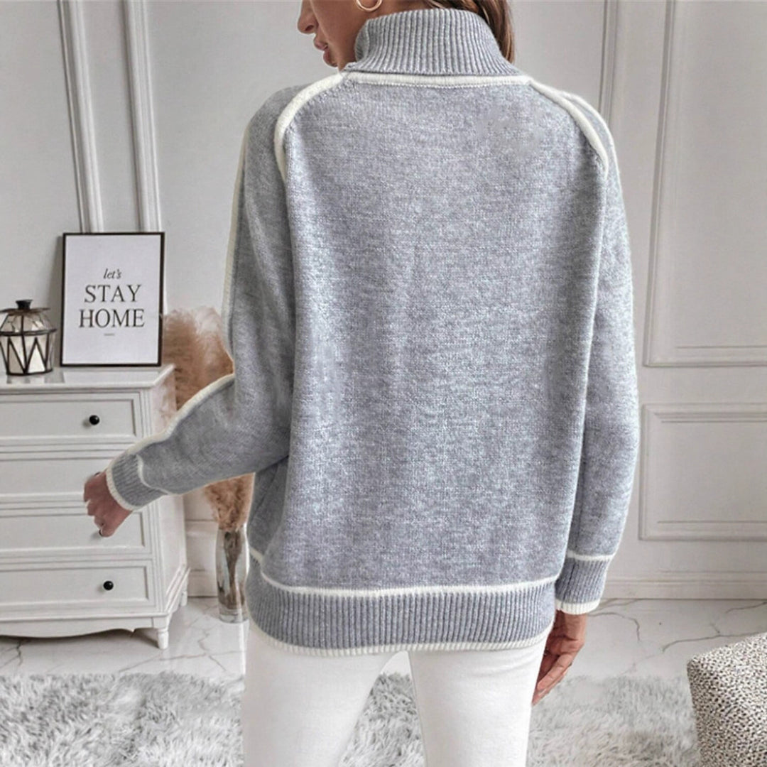 Damen Eleganter Rollkragenpullover mit Strukturierter Strickoberfläche und Farblich Abgesetzten Akzenten R&B