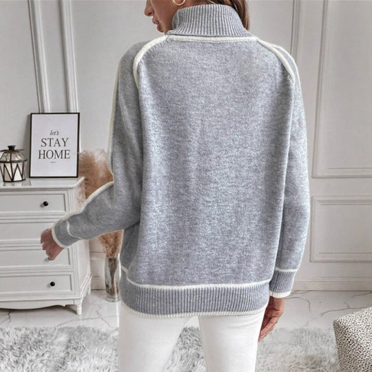 Damen Eleganter Rollkragenpullover mit Strukturierter Strickoberfläche und Farblich Abgesetzten Akzenten R&B