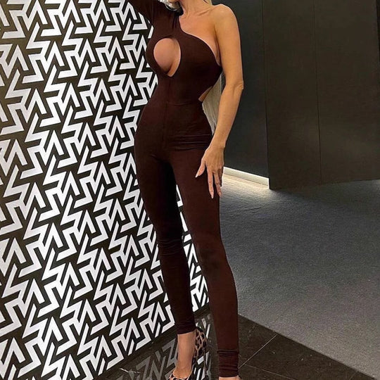 Damen Figurbetonter Jumpsuit mit asymmetrischem Ausschnitt und Cut-Out-Details R&B