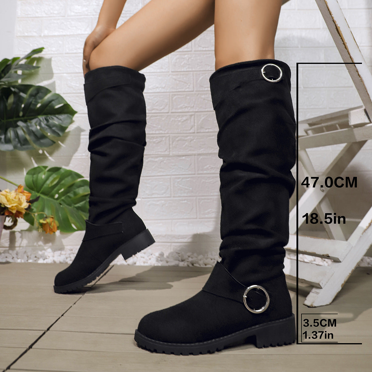 Damen hohe Stiefel mit modischem Rüschen-Design und dekorativem Riemen R&B