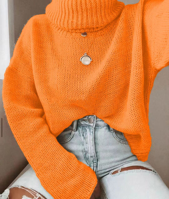 Damen Strickpullover mit hohem Kragen und lässigem Schnitt R&B