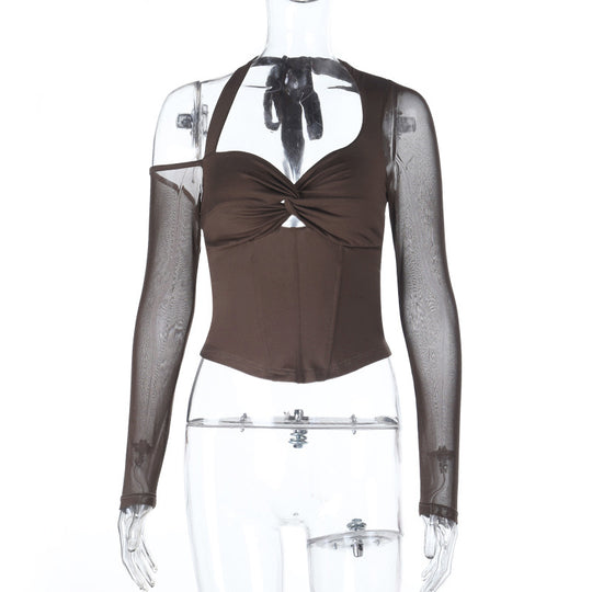 Damen stilvolles Bustier-Top mit langen transparenten Ärmeln und Knotendetail R&B