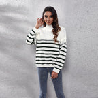 Damen Strickpullover mit hohem Kragen und modernem Streifenmuster R&B