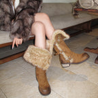 Damen elegante Winterstiefel mit modischem Kunstfellrand und praktischen Schnallen R&B