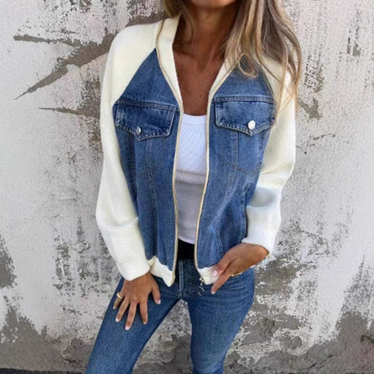 Damen lässige Sweaterjacke mit Denim-Style und Fleeceärmeln R&B