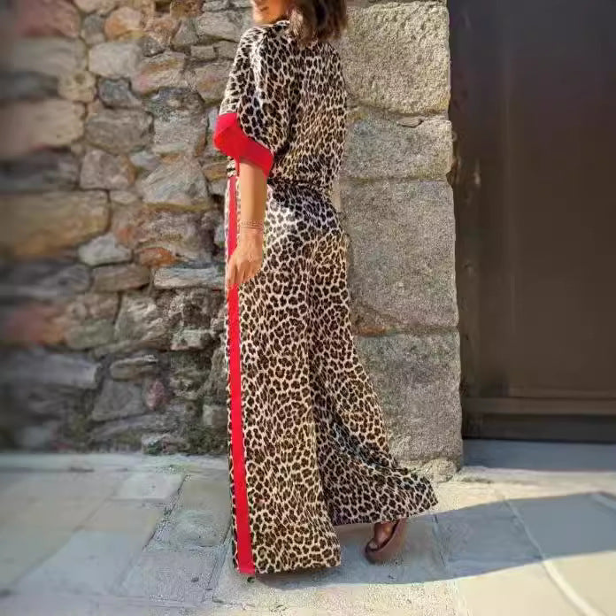 Damen eleganter Leoprint-Jumpsuit mit weiten Beinen und lockerer Passform R&B
