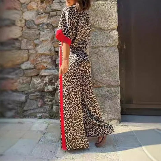 Damen eleganter Leoprint-Jumpsuit mit weiten Beinen und lockerer Passform R&B