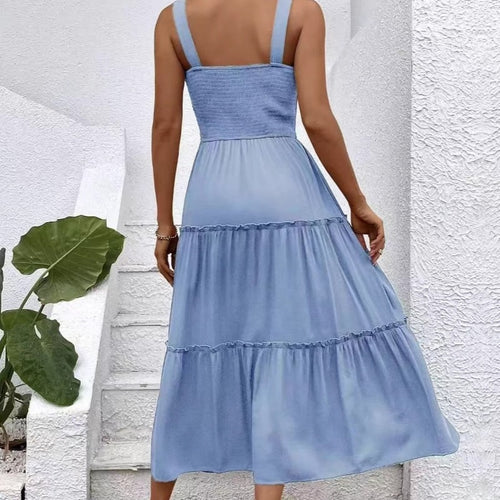Damen Maxikleid mit elastischem Bustier und fließendem Rock R&B